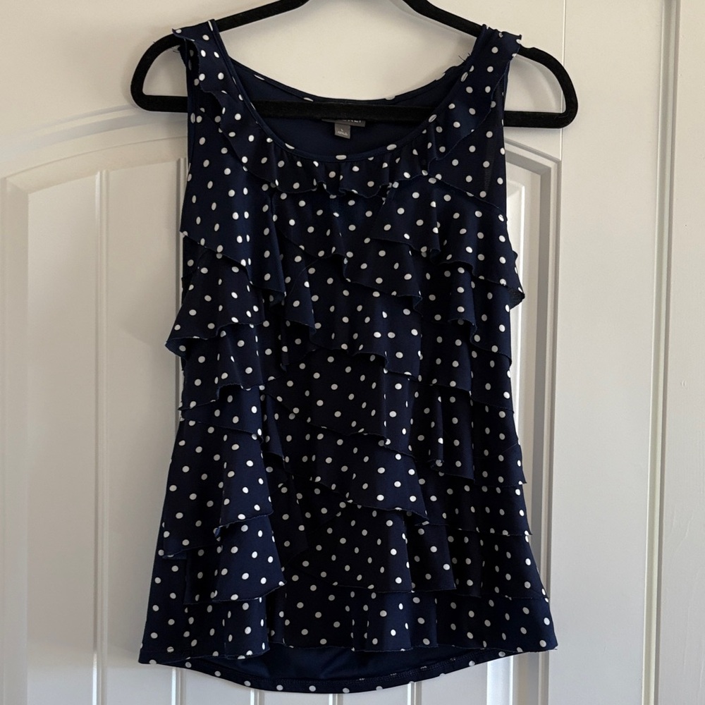 Roz & Ali Navy Polka Dot Ruffle Blouse